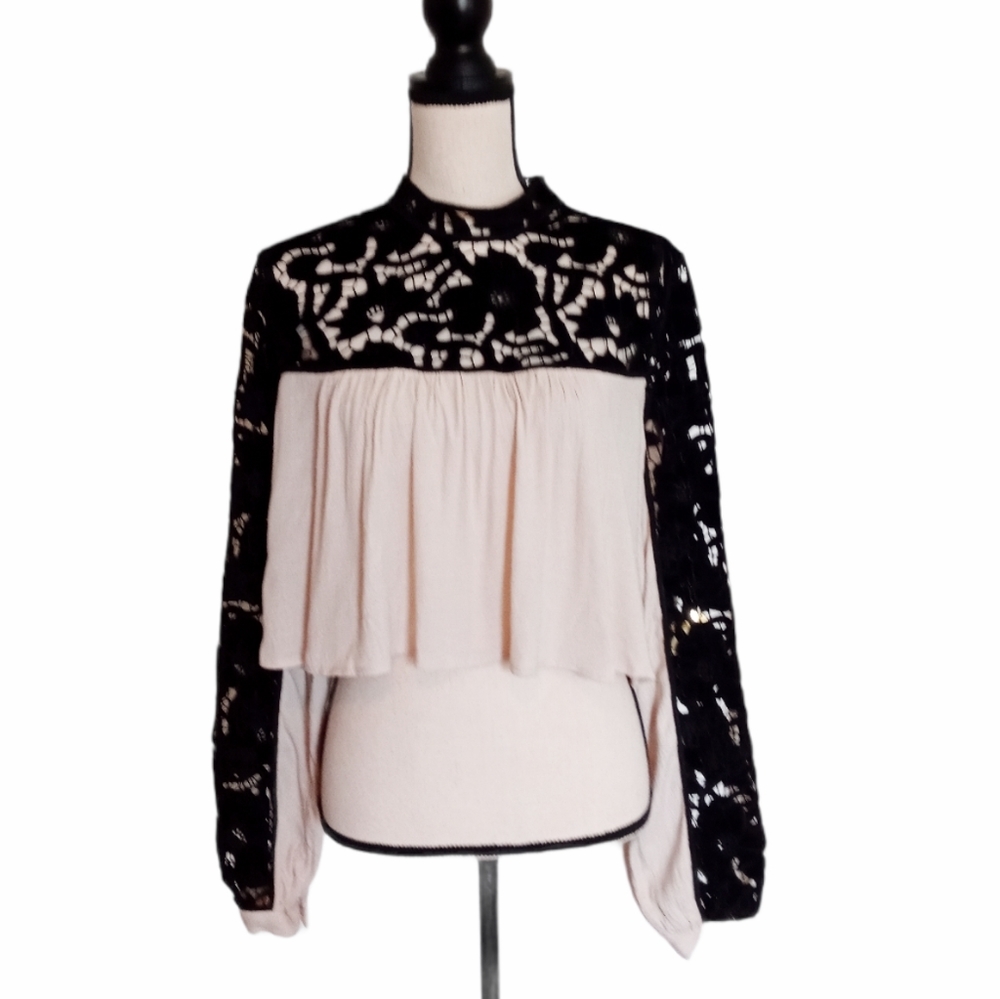 Free People Black and Cream Lace Top